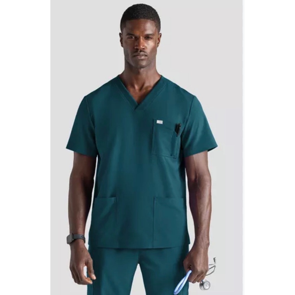 FIGS Mens Leon Three Pocket Scrub Top Teal Green V-Neck Technical Collection S
